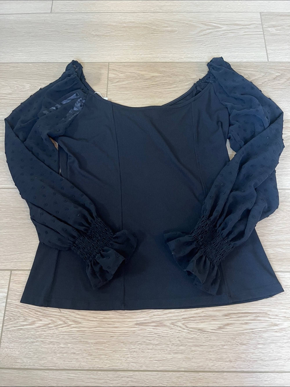 Black Puff-Sleeve Scoop Neck Blouse